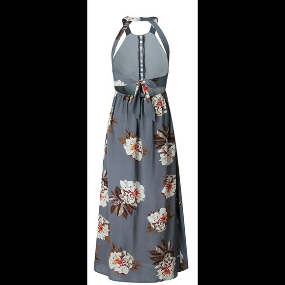 Gray boho floral open back halter top maxi dress - Picture 3 of 4